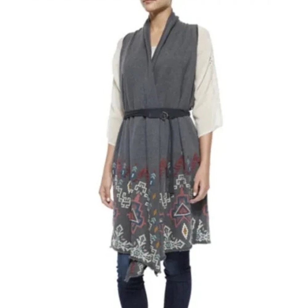 Johnny Was Women Tisha Vest Cardigan Small Gray Embroidered Southwest Tie Waist
